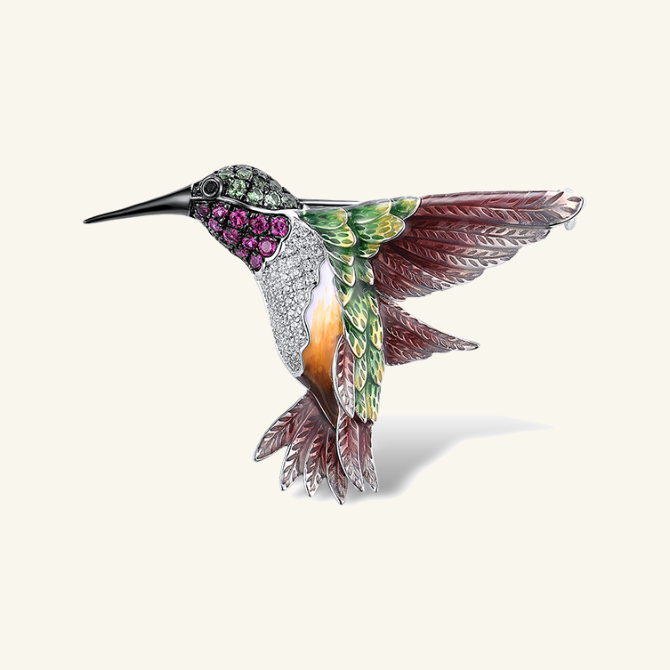 Sidabrinė segė kolibris su emaliu, špineliais ir cirkoniais – bendras vaizdas