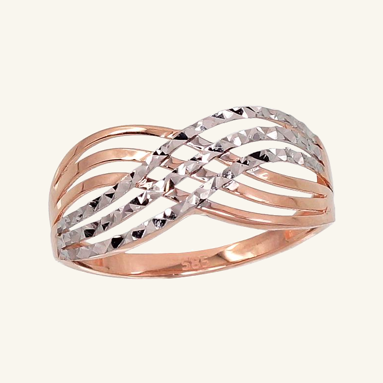 Auksinis žiedas su rodžiu dengtomis dekoratyvinėmis juostomis