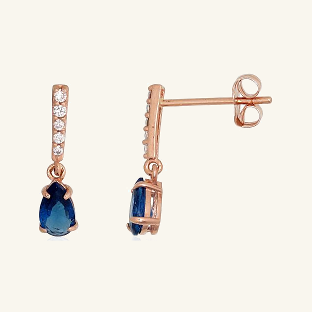 Auksiniai auskarai vinukai su kabančiais mėlynais lašais, 13 mm