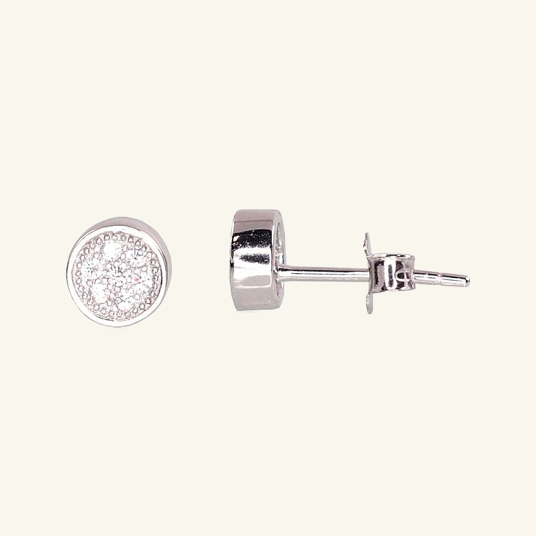Rodžiu dengti sidabriniai auskarai vinukai apvalūs su baltais cirkoniais, 6 mm