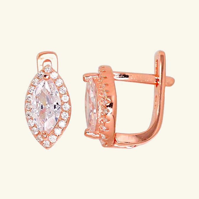 Raudonu auksu dengti sidabriniai auskarai su smailiais baltais cirkoniais, 11 mm