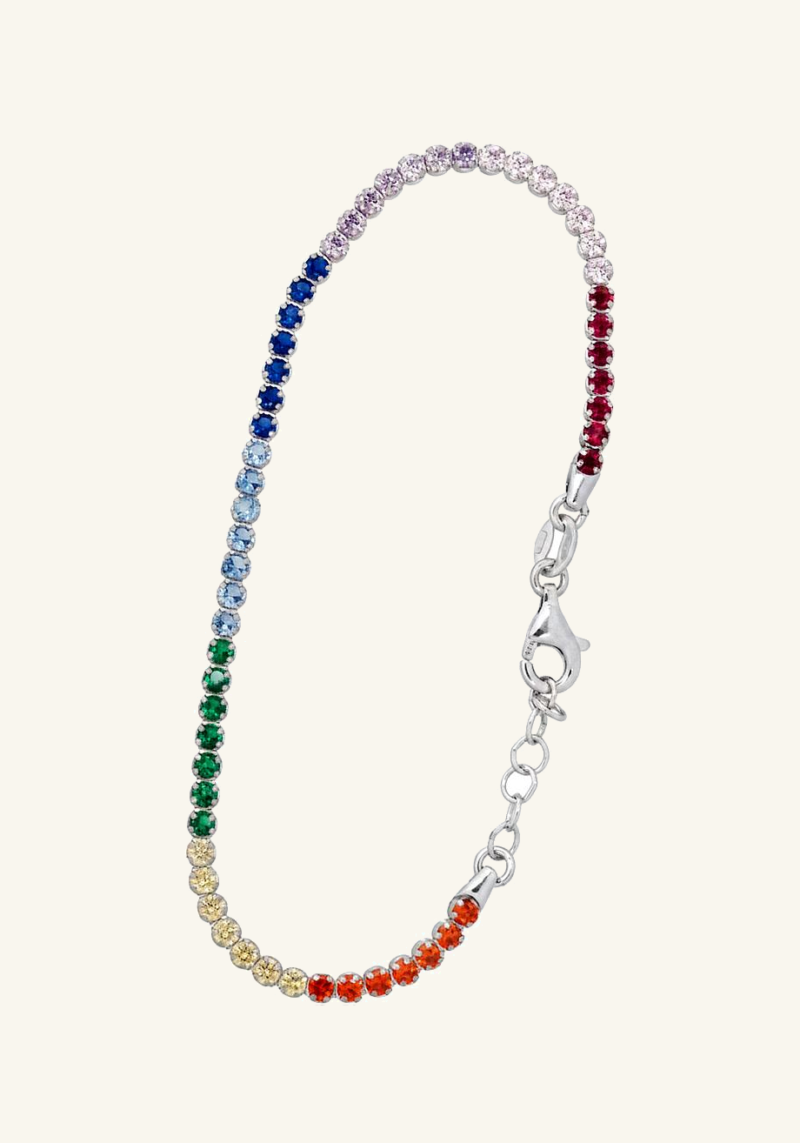 Rodžiu dengta sidabrinė apyrankė su įvairiaspalviais cirkoniais, 2,5 mm