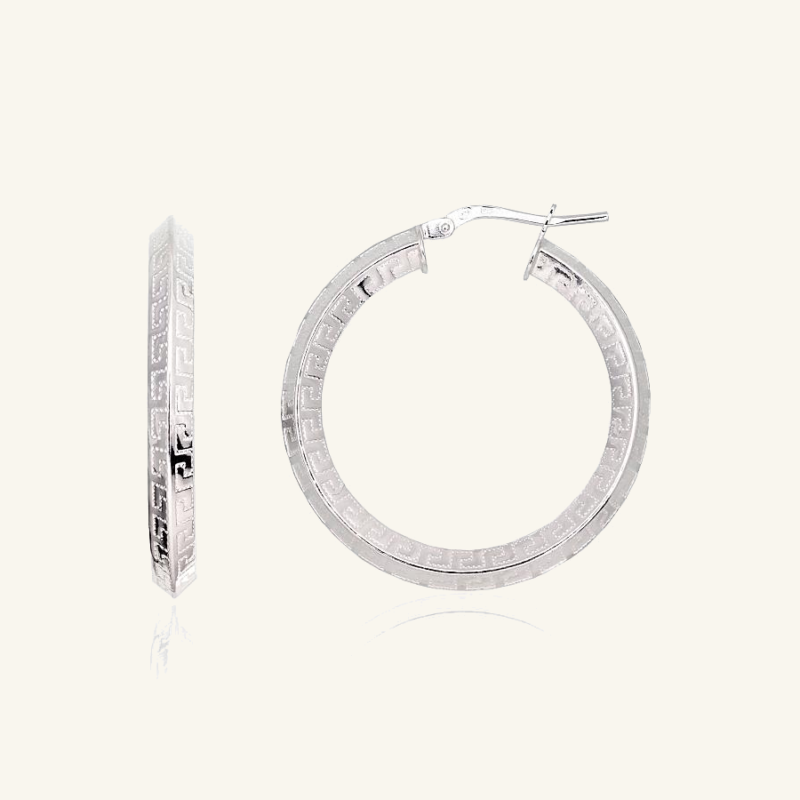 Sidabriniai auskarai rinkutės su graikišku raštu (32 mm)