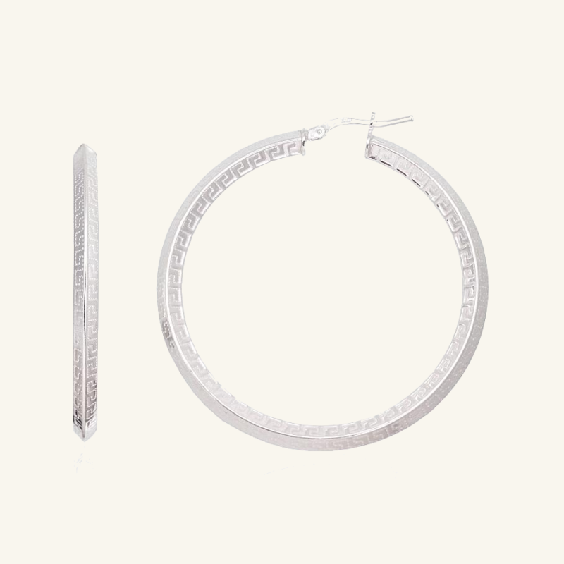 Sidabriniai auskarai rinkutės su graikišku raštu (48 mm)