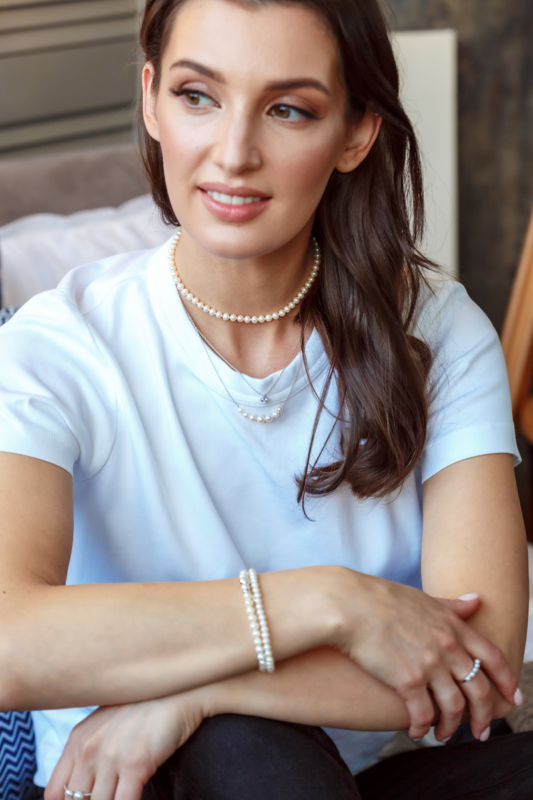 Sidabrinė grandinėlė su perlais ir cirkoniais